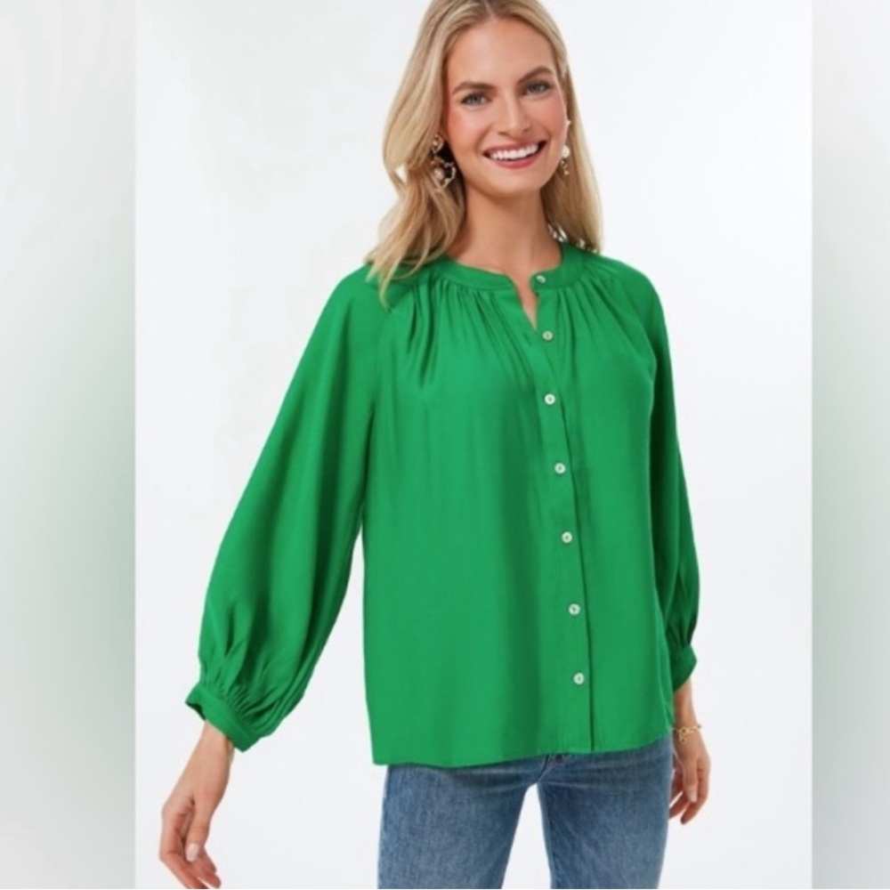 Tuckernuck Pomander Place Long Balloon Sleeve Button Down Blouse Kelly Green S